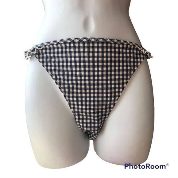 Aerie Women’s Bay Blue/White Gingham  Seersucker Low Rise Bikini Bottom Sz L NEW - Picture 1 of 9